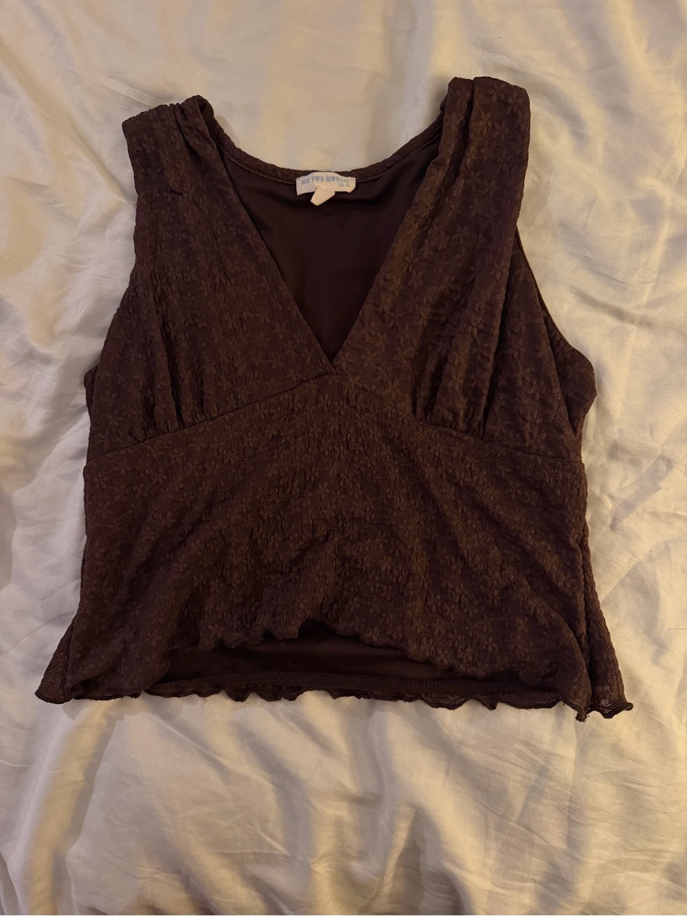 Brown Lace V-Neck Sleeveless Top